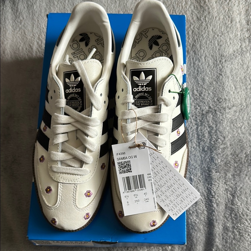 NWT Adidas Samba OG White with Black Stripes and Floral Details